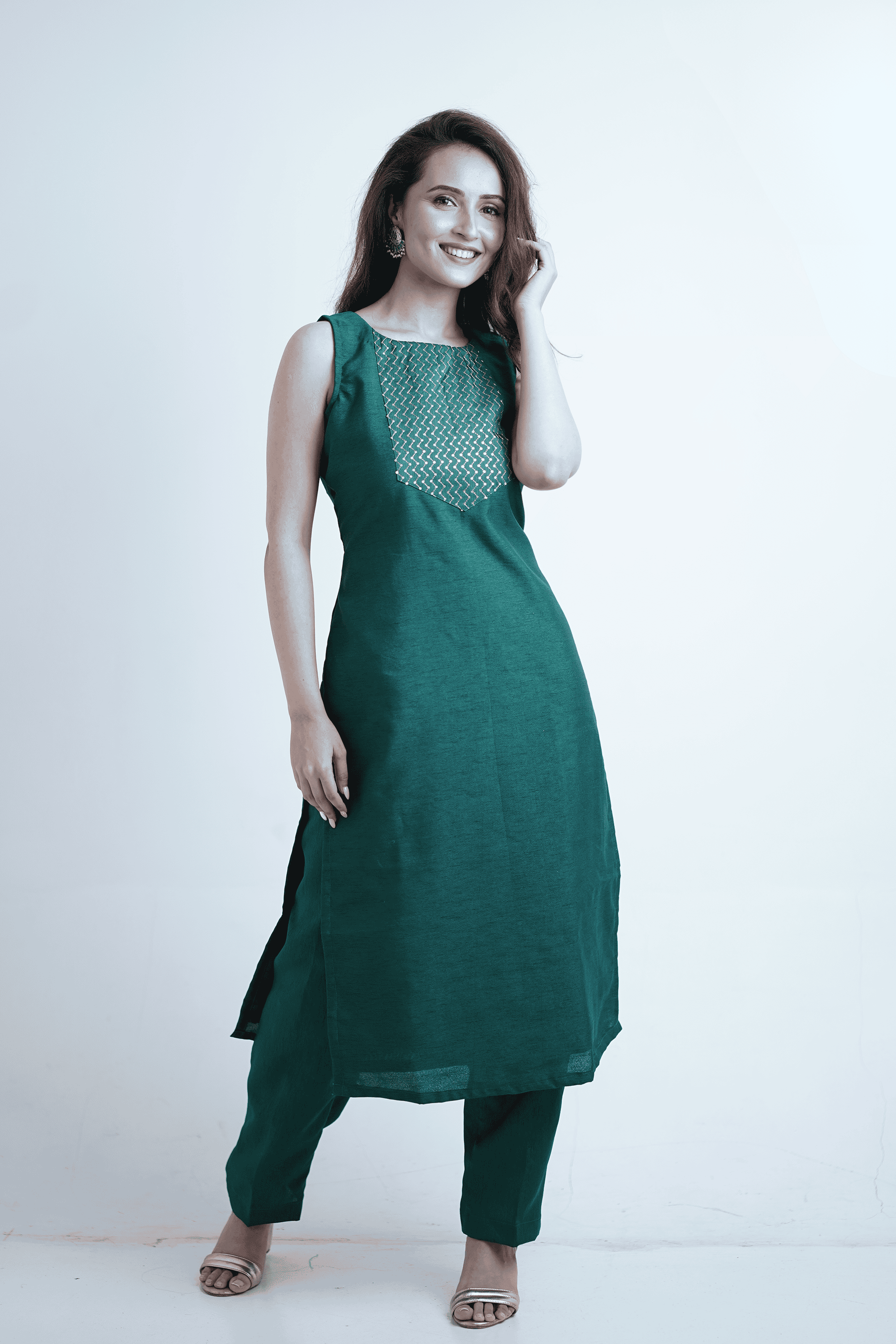 Bottle green kurta with pants
